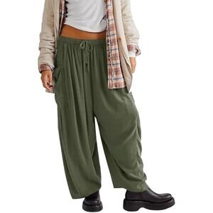Womens‎ Green Linen Wide Leg Cargo Boho Grunge Palazzo High Rise Utility Pant MD